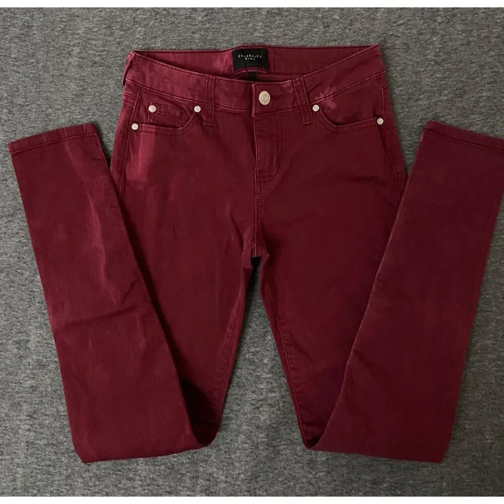 Celebrity‎ Pink Womens Skinny Burgundy Jeans Size 3/26 Jayden Distressed Stretch
